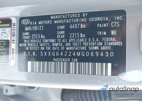 2021 Kia K5 Gt-Line из США, поврежденный, VIN 5XXG64J24MG069430